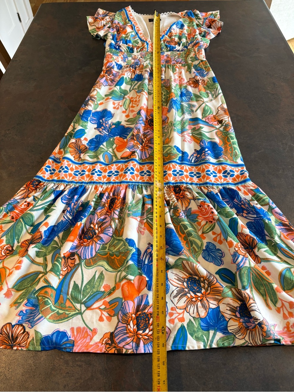 Adrianna Papell Blue and Orange Floral Smocked Maxi Dress 2 - Picture 3 of 9